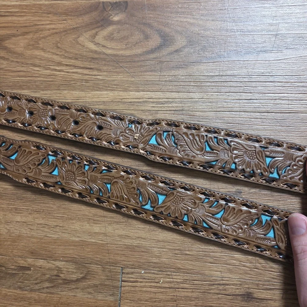 Nocona Belt Co Mens Tooled Leather Turquoise Underlay Western Belt 46 N2414608